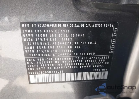 2025 Volkswagen Taos 1.5T Se from USA, damaged, VIN 3VVSC7B25SM016011